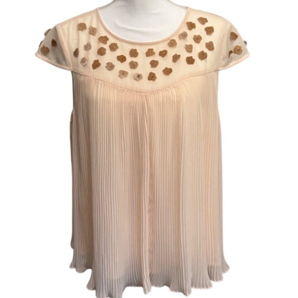 Lauren Conrad Womens‎ Top L Peach Pleated Embellished Sheer Party Blouse